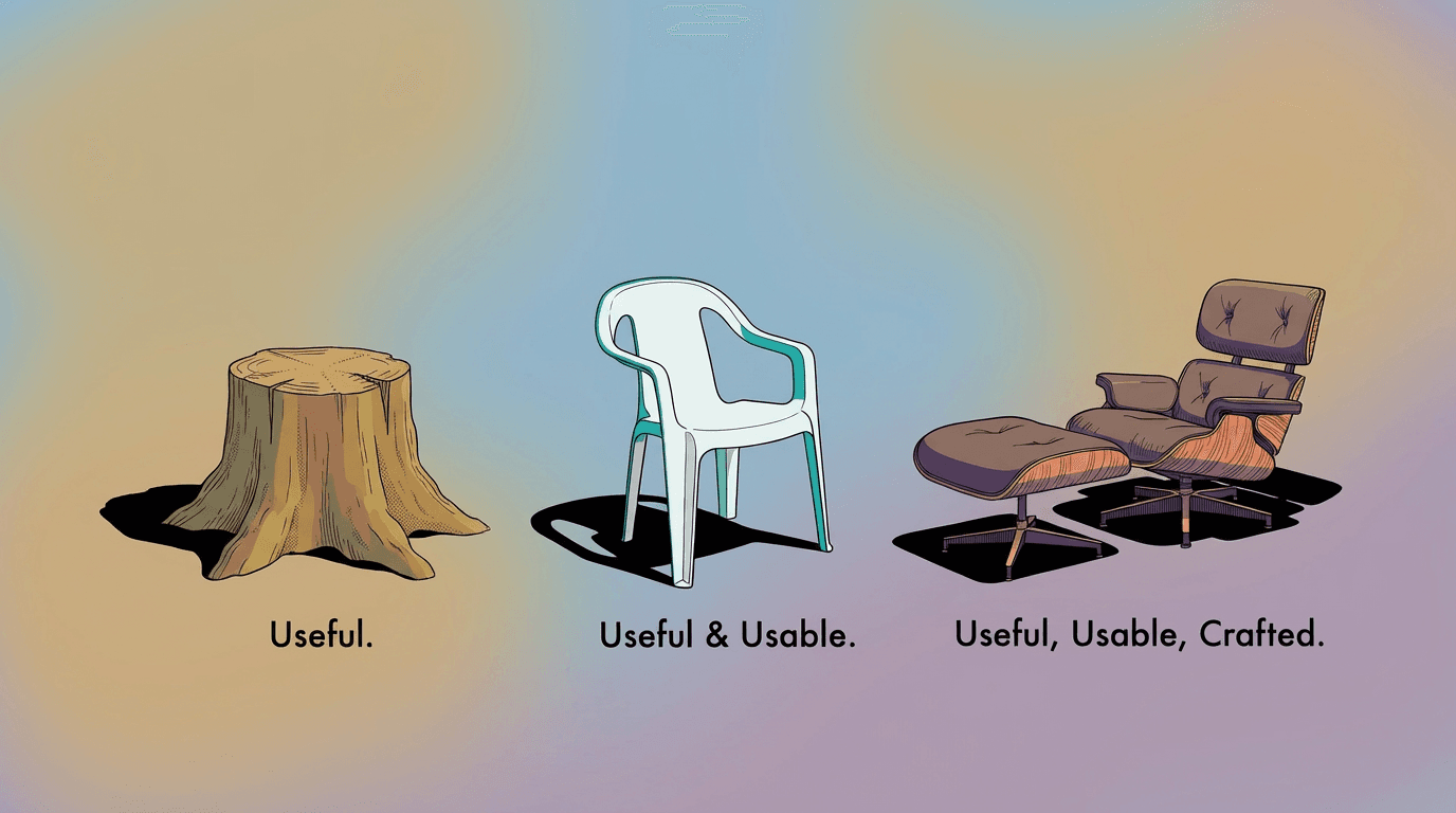 Three chairs showing the hierarchy of design qualities: a tree stump labeled Useful, a plastic chair labeled Useful and Usable, and an Eames lounge chair labeled Useful, Usable, Crafted