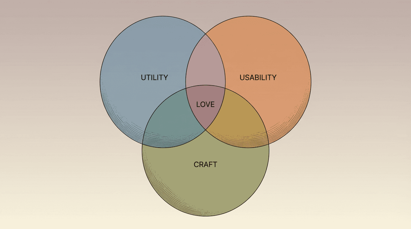 Venn diagram showing utility, usability, and craft overlapping at love